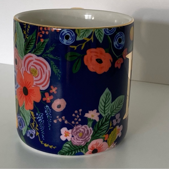 Rifle Paper Co. for Anthropologie Mug “D” Floral Gold Handle Trim Coffee Blue - Picture 12 of 16